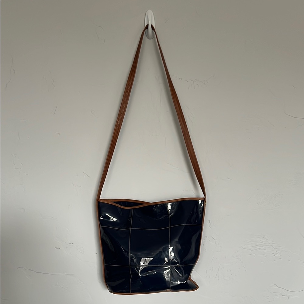 Authentic Salvatore Ferragamo Navy Patent Leather, Camel Leather accents